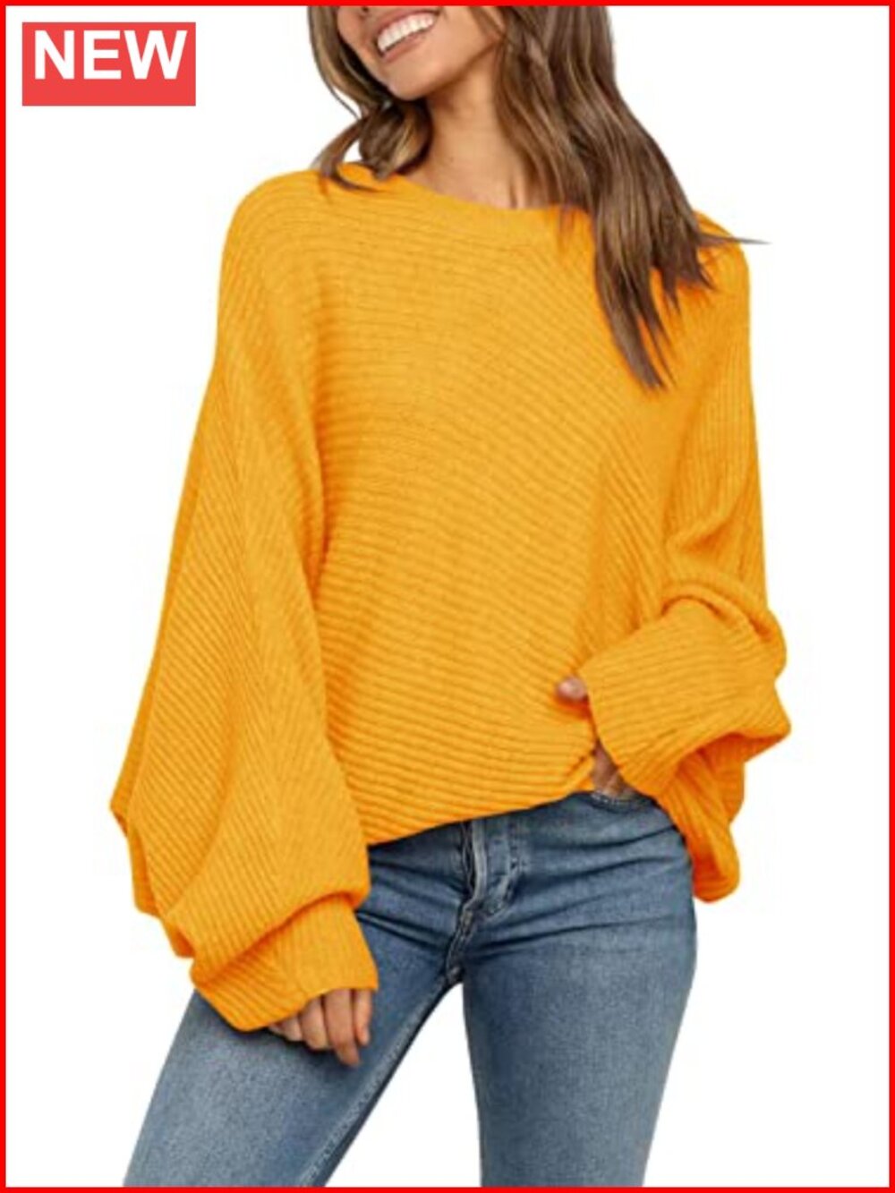 Oversized Slouchy Knit Pullover Sweater Lantern Sleeve Jumper